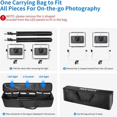 Instruções para guardar equipamento de fotografia LED numa mala preta NEEWER