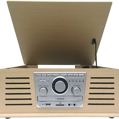 Gira discos cor madeira com encoding, Bluetooth, leitor CD, cartão memória