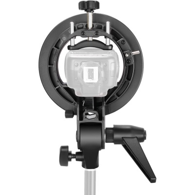 Anel de luz LED preto com suporte ajustável montado numa haste