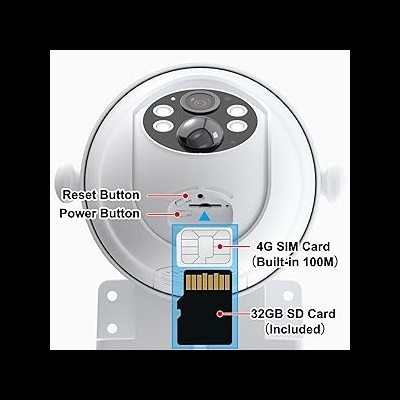 Câmara rotativa solar 4G LTE 360º + 32GB SD, 2K PTZ com bateria visão noturna, áudio bidirecional