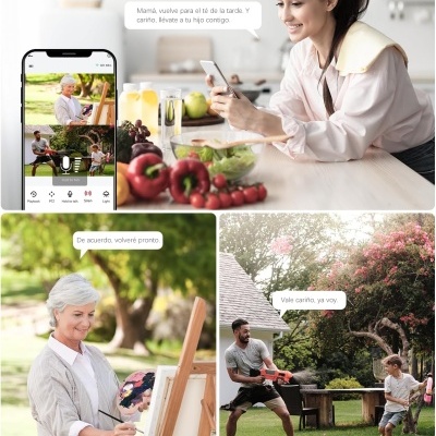 Mulher sorridente na cozinha com legumes e um smartphone, videogamen, senhora pintando ao ar livre, homem e criança brincando no jardim.