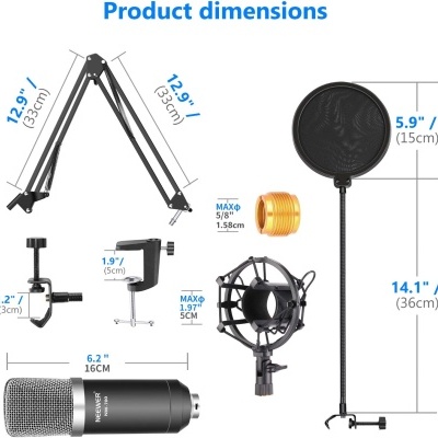 Microfone condensador + acessórios e fonte de alimentação