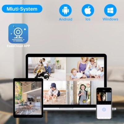 Dispositivos eletrónicos a mostrar imagens de vídeos de vigilância com ícones de sistemas operativos Android, iOS e Windows e texto EseeCloud APP.