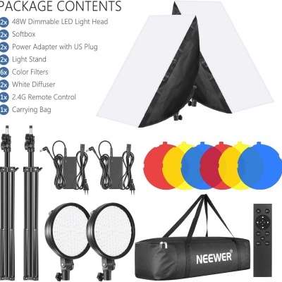 Kit de iluminação LED com light heads, softboxes, tripés, filtros coloridos, adaptadores, difusores, comando remoto e bolsa de transporte