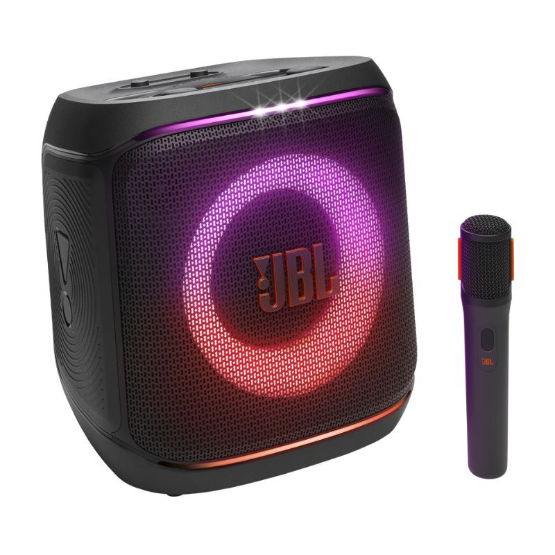 JBL Partybox Encore 2 Coluna de som portátil JBL preta com luz LED circular colorida e microfone preto.