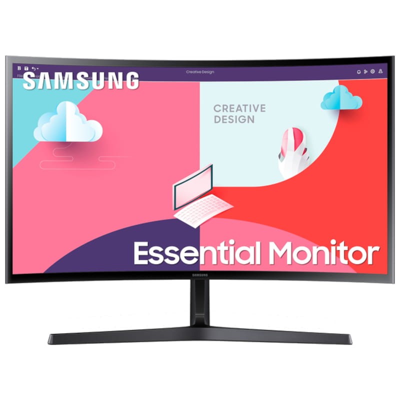 Monitor curvo Samsung Essential Monitor com design colorido no ecrã