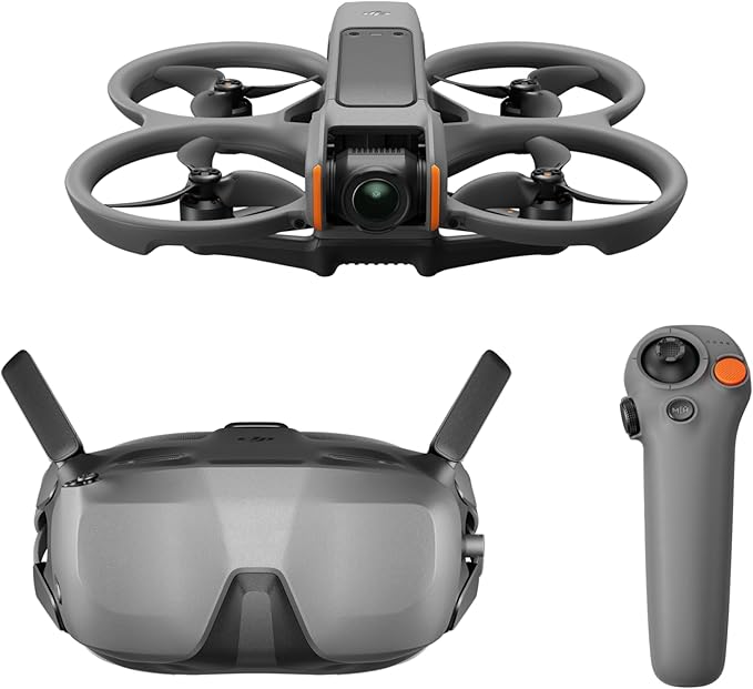 DJI Avata 2 FPV Fly Smart Combo (Single Battery) Drone cinza, óculos VR cinza e comando cinza com botões