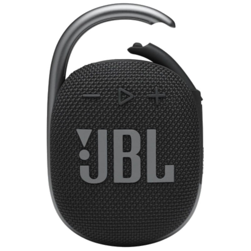 Coluna portátil JBL preta com gancho metálico cinzento