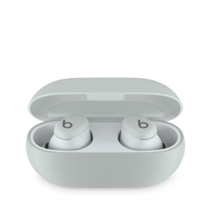 Auscultadores sem fios brancos em estojo aberto com símbolo 'b'