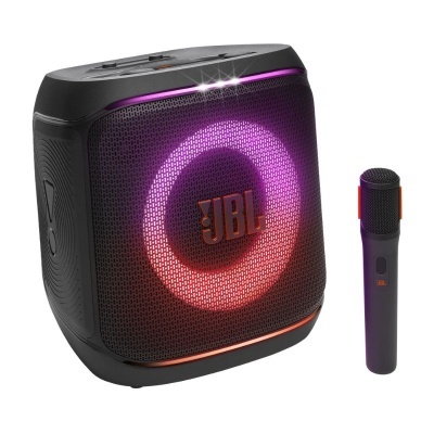Coluna de som portátil JBL preta com luz LED circular colorida e microfone preto.