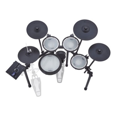 Bateria eletrónica com cinco pads e três pratos em preto e cinzento num suporte metálico preto