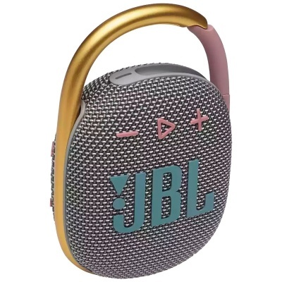 Coluna de som portátil JBL com mosquetão dourado e rosa