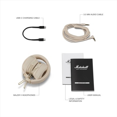 Auriculares Major V beige com cabos USB-C e áudio e manuais da Marshall