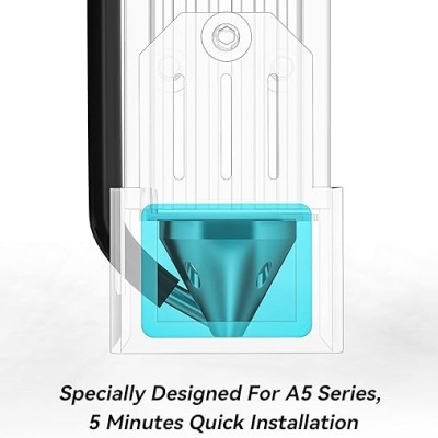 Componente metálico azul em estrutura translúcida com texto de instalação rápida para série A5