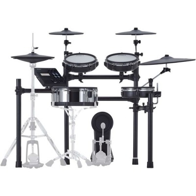 Bateria eletrónica preta e metal com módulo digital e pedal