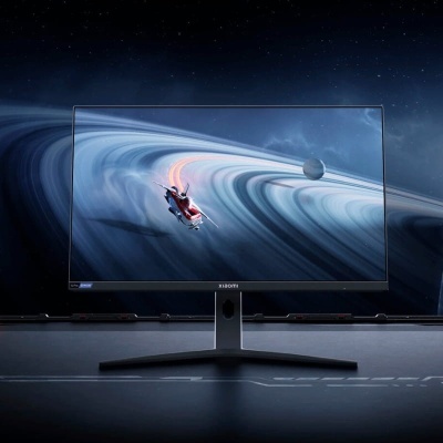 Monitor com imagem de planeta e nave espacial em ecrã plano