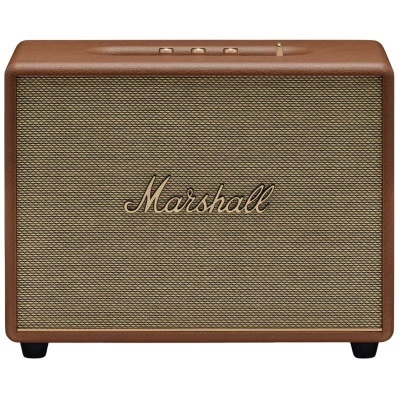 Coluna de som Marshall em couro castanho com grelha bege e botões dourados