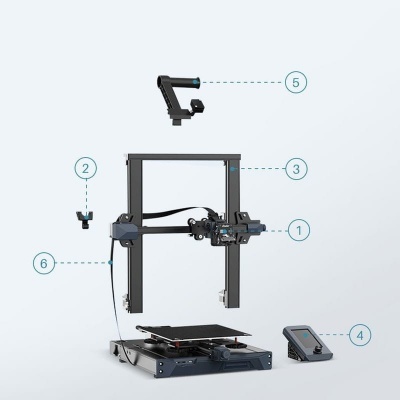 Impressora 3D preta em fundo cinza claro com componentes numerados.