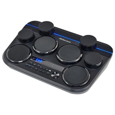 Bateria eletrónica Millenium preta com pads e painel de controlo