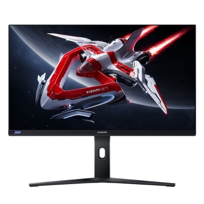 Monitor Xiaomi preto com suporte e imagem de nave espacial vermelha.