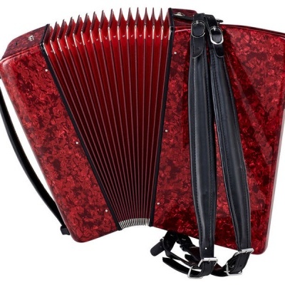 Acordeão vermelho com textura marmoreada e tiras pretas