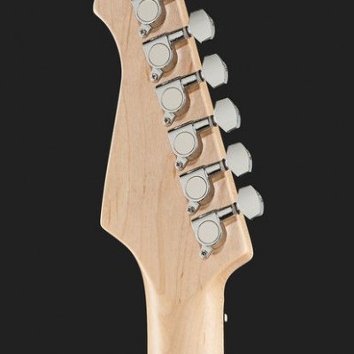 Cabeça de guitarra elétrica em madeira clara com tarraxas metálicas brancas