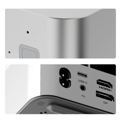 detalhes de dispositivo eletrônico prateado com portas USB-C, HDMI, DP