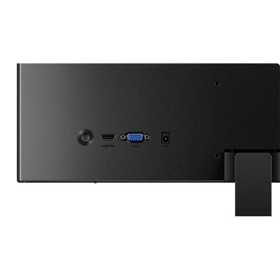 Parte traseira de monitor preto com portas HDMI, VGA e energia