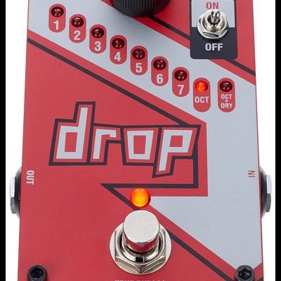 Pedal Drop vermelho e cinza com LEDs, botão preto e interruptor