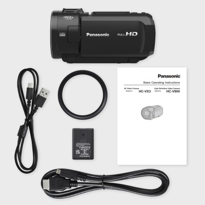 Câmara de vídeo preta Panasonic Full HD com acessórios e manual