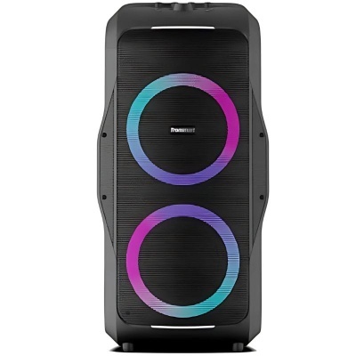 Coluna de som preta com LEDs coloridos e logótipo TRANSMART