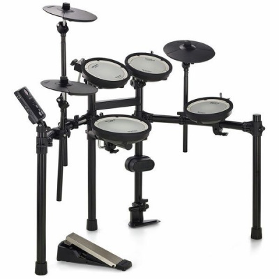 Bateria eletrónica com cinco pads e dois pratos em estrutura metálica preta