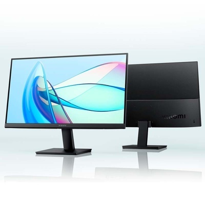 Monitor Xiaomi preto com ecrã plano e imagem colorida azul e rosa no ecrã