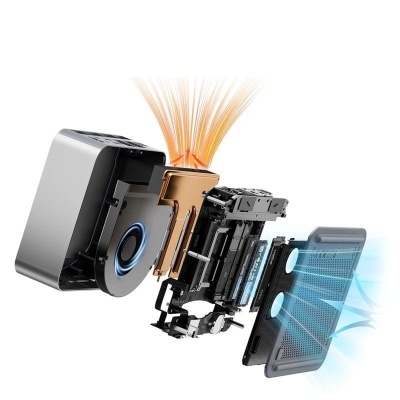 Purificador de ar desmontado com camadas internas e fluxo de ar visível.