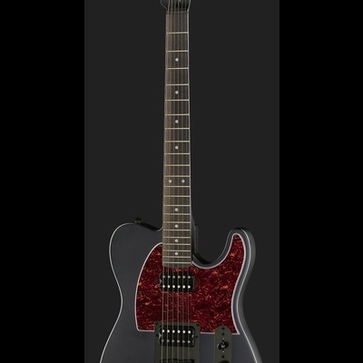 Guitarra elétrica cinza escuro com captadores humbucker e palheta vermelha marmoreada