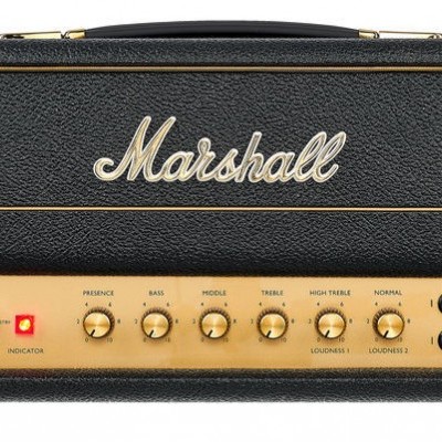 Cabeça de amplificador Marshall preta com painel frontal dourado e botões