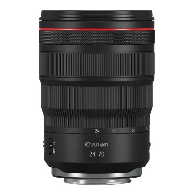 Objetiva Canon 24-70 preta com anel vermelho e marcações de números