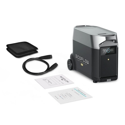 Gerador portátil EcoFlow cinza e preto com acessórios e manuais