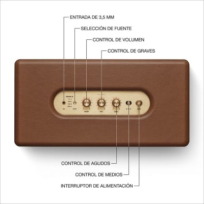 Rádio vintage em pele castanha com painel frontal creme e botões de controlo