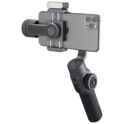 Suporte estabilizador preto para smartphone com luz LED e smartphone cinza montado