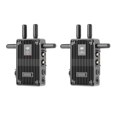 Par de transmissores DJI TX50 preto com antenas duplas e corpo com ranhuras.