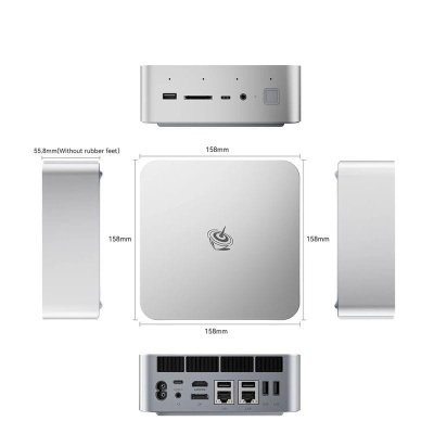 Computador mini compacto prateado com vários tipos de portas e dimensões específicas