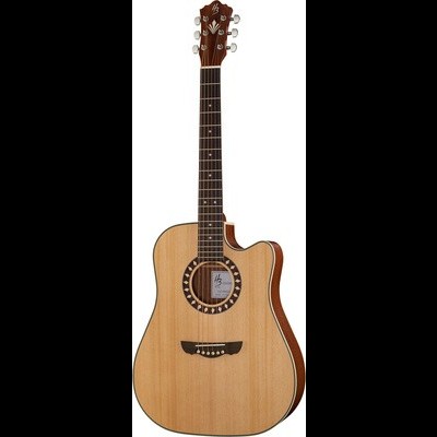 Guitarra acústica em madeira clara com detalhe decorativo na boca