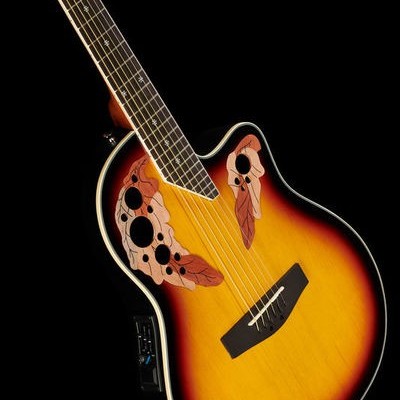 Guitarra acústica com acabamento sunburst e decoração de folhas no corpo