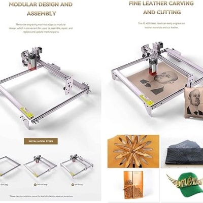 Máquina de gravação e corte modular em metal prateado com exemplos de materiais gravados