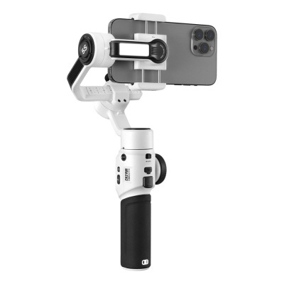 Estabilizador gimbal branco com telemóvel cinzento e punho preto