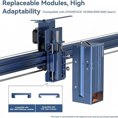 Módulo industrial azul e cinzento com texto sobre alta adaptabilidade e compatibilidade com lasers