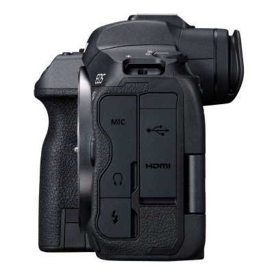 Câmara digital preta EOS vista lateral direita com portas e etiquetas