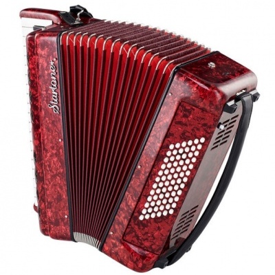 Acordeão vermelho marmoreado com fole vermelho e botões brancos