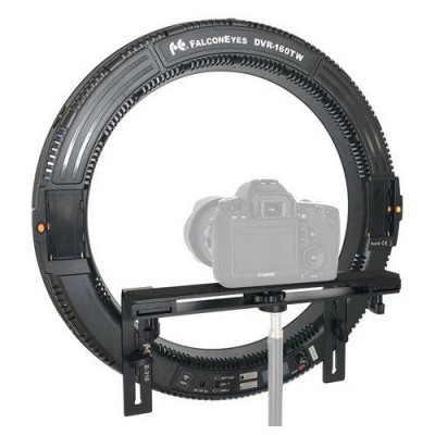 Anel de luz LED preto FALCONEYES DVR-160TW com texto impresso e suporte, fundo branco